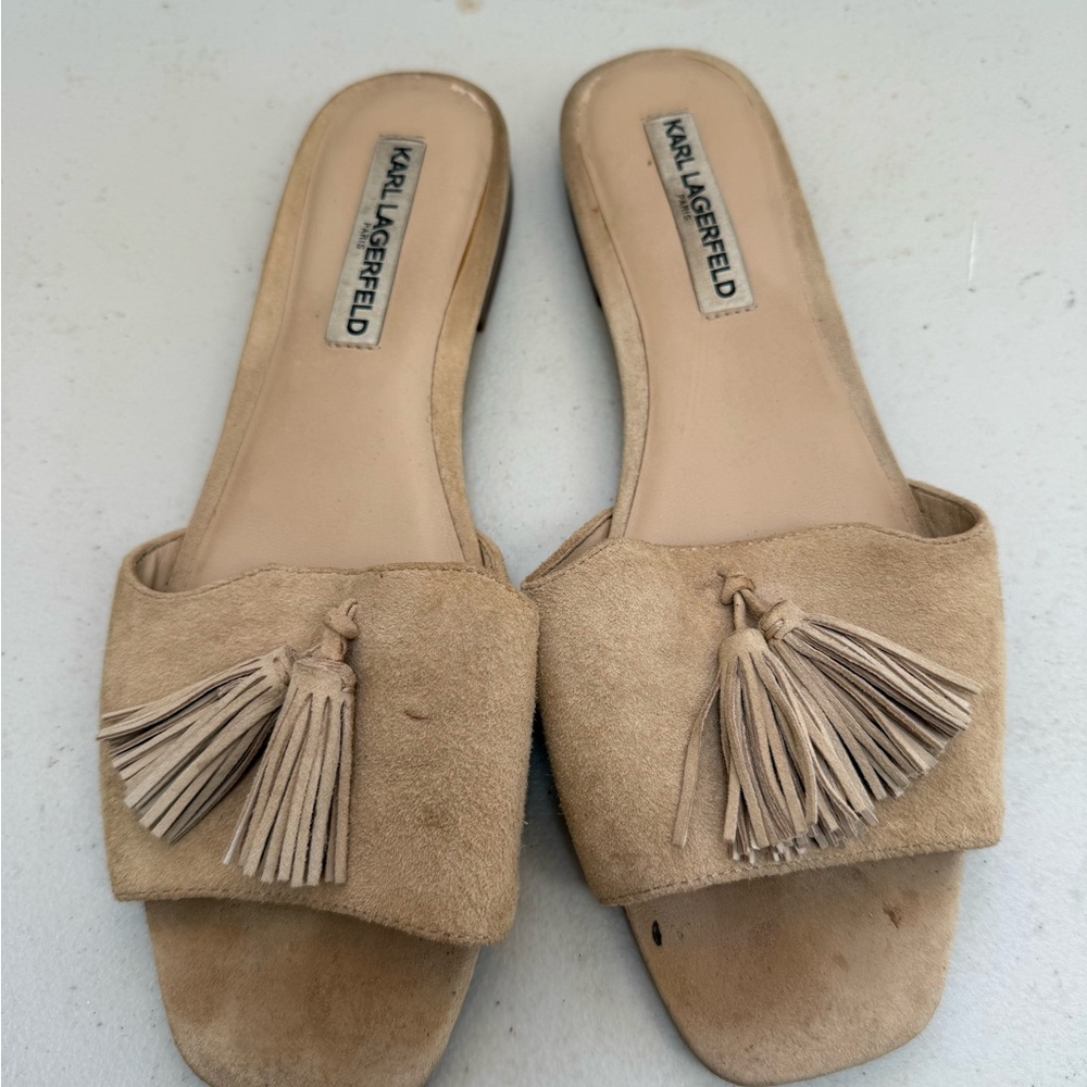 Karl Lagerfeld Beige Suede Tassel Mules